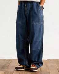 M-8XL Plus Size Straight-Leg Jeans Loose Drawstring Workwear Trousers