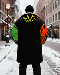Big & Tall Men's Green, Yellow And Red Art Head Contrast Printed Velvet Thickened Long Hooded Coat