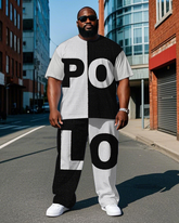Big Men's Simple Fashion Black & White Splicing Letter POLO Printed Short Sleeve T-shirt Pants Set