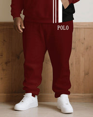 Big & Tall Men Fall/Winter Joker Casual Red & Black & White Color Matching Chest Polo Small Label Printed Hoodie Suit