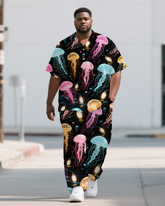 Big Guys Casual Cartoon World Dreamy Jellyfish Printed Short-Sleeve Shirt Pants Sets