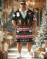 Men's Plus Size Christmas Snowman Elk Sweater Printed Short Sleeve Shirt Shorts Suit