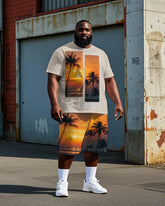 Men's Hawaiian Sunset Scenery Coconut Trees Printed Casual Big Size Short Sleeve T-shirt Shorts Set