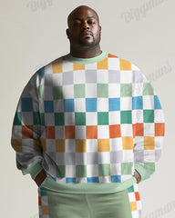 Men's Green Print Plus Size Crewneck Sweatshirt Suit
