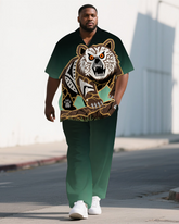 Big Guy's Defensive Bear Cartoon Gradient Effect Casual Short Sleeve Shirt Pants Set