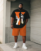 Big & Tall Men's Orange Skull Alphabet Print Round Neck Short Sleeve T-Shirt Shorts Suit