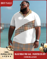 Men's Plus Size Casual Plaid Colorblock Polo Shirt and Shorts Set
