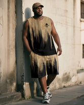 Big & Tall Men's Khaki Vintage Gradient Print Vest Shorts Suit