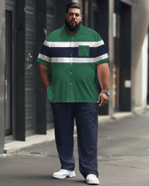 Men's Plus Size Simple Striped Color Matching Printed Pocket Short Sleeve Shirt Suit