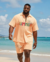 Big & Tall Men's Hawaiian Orange Summer Coconut Print Shirt Shorts Suit