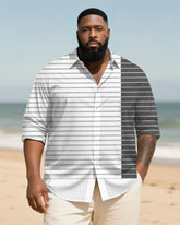 Big & Tall Men's Daily White Grey Block Stripe Print Long Sleeve Bamboo Hemp Texture Shirt