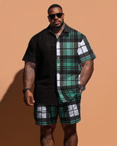 Big Guys Simple Plaid Pattern Stitching Short Sleeve Shirt Shorts Set