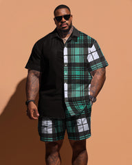 Big Guys Simple Plaid Pattern Stitching Short Sleeve Shirt Shorts Set