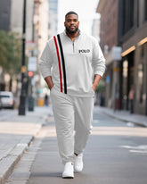 Big & Tall Men's Black And Red Contrast Striped Printed POLO Collar Zipper Long Sleeve Pants Two-piece Set