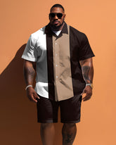 Big Guys Simple Striped Colorblock Printed Short Sleeve Shirt And Shorts Set