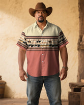 Men's Plus Size Pink & Apricot Western Denim Cotton Blend Short Sleeve Shirt
