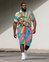 Big Men's Funny Splicing Colorful Crocodile Cartoon Printed Short-Sleeve Polo Shirt & Shorts Set