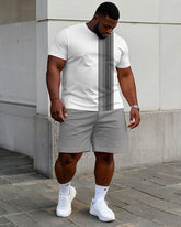 Men's Plus Size Casual Fashion White & Grey Patchwork Printed Short-sleeved T-shirt Shorts Suit