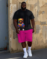 Big Men's Street Fashion Hip Hop Colorful Hoodie Bear Printed Short Sleeve T-shirt Shorts Set