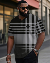 Men's Plus Size Daily Casual Black Plaid Letter Print Henry Collar Button Short Sleeve T-Shirt