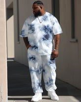 Comfortable Men's Large Tie-dye Printed Short Sleeve Trousers Suit