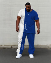 Big & Tall Men's Summer White & Blue Colorblock Handwritten Respect Slogan Printed Short Sleeve T-Shirt Pants Suit