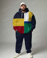 Men's Daily Casual Color Block Square Print Plus Size Hoodie Suit