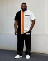 Men's Plus Size Casual White & Black & Orange Classic Color Matching Chest Short Sleeve T-Shirt Trousers Suit