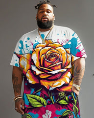 Men's Plus Size Street Fashion Graffiti Rose Print T-Shirt Shorts Set