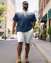 Men's Plus Size Business Blue Stripe Print Short Sleeve Polo Shirt Shorts Suit
