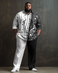 Men's Plus Size Piano Notes Long Sleeve Lapel 2 Shirt Set