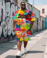 Men's Plus Size Street Graffiti Color Fun Expression BIGGMANS Print Round Neck Short Sleeve T-Shirt Shorts Suit