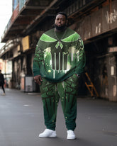 Men's Green Skull Graffiti Large Size Sweatshirt Two Piece Set