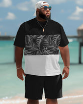 Hawaiian Simple Leaf Color Block Print Big Men's Two-piece Shorts Set