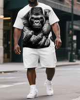 Big & Tall Men's Cartoon Kongfu Gorillas Print Casual Short-Sleeved T-shirt and Short Set