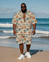 Men's Plus Size Hawaiian Hand Painted Orange Coconut Tree Coconut Print Shirt Shorts Suit