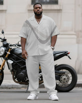 Men's Plus Size Business Gray Gradient Wave Stripe Print Short Sleeve Shirt Trousers Suit