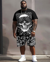 Men's Big and Tall Street Hip Hop Skull Paisley Print T-Shirt Shorts Set