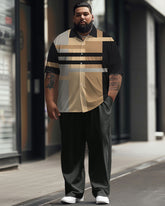 Men's Plus Size Business Simple Color Block Printed Short Sleeve Shirt Suit