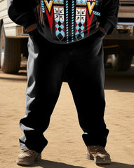 Men's Plus Size Ethnic Style Diamond Black Hoodie Two Piece Set