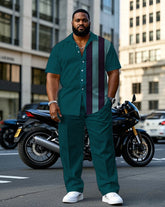 Men's Plus Size Simple Noble Green & Purple Colorblock Short-sleeved Shirt Pants Suit