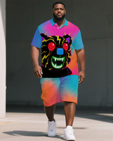 Men's Big Size Colorful Gradient Bear Silhouette Printed Short-Sleeve Polo Shirt Shorts Set