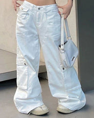 Women's Plus Size White Straight Tooling Loose Jeans