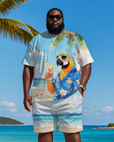 Men's Plus Size Hawaiian Blue Parrot Drinking Cocktail Print Short Sleeve T-Shirt Shorts Suit