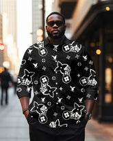 Men's Plus Size Business Black And White Diamond Flower Geometric Print Long Sleeve Shirt