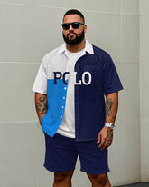 Men's Big Size Casual Modern Fashion POLO Letter Color Block Printed Short Sleeve Shirt Shorts Set