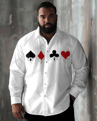Plus Size Men's Casual Colorblock Poker Print Lapel Long Sleeve Shirt