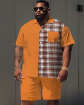 Men's Plus Size Casual Orange Plaid Print Pocket Short Sleeve Shirt Shorts Suit