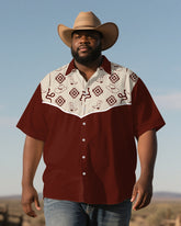 Men's Plus Size Western Style Red Patchwork Aztec Print Short Sleeve Shirt