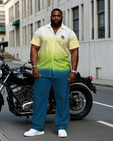Men's Plus Size White & Yellow & Green & Blue Contrast Color Gradient Chest Small Label Short Sleeve Shirt Pants Suit
